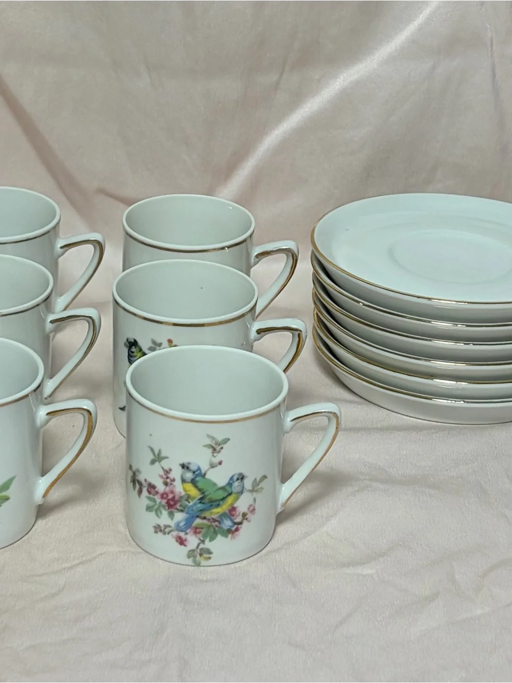 Vintage Royal Crown Japan Bird & Flower Porcelain Coffee Set for 6 Gold Trim